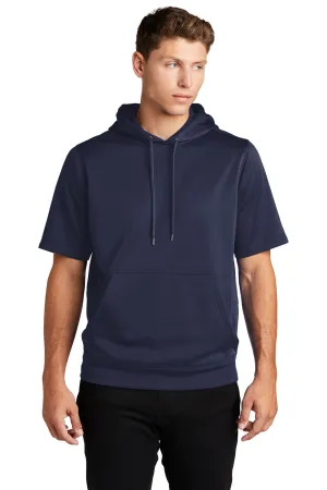 Sport-Tek Mens Moisture Wicking Fleece Short Sleeve Hooded Sweatshirt Hoodie w/ Pouch Pocket - Navy Blue