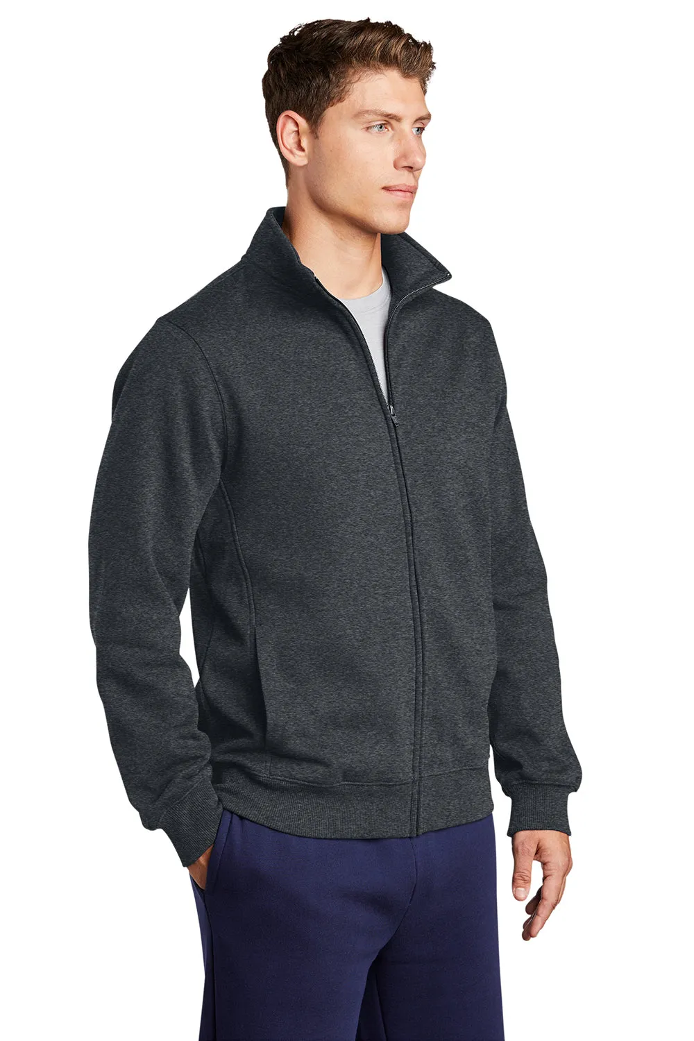 Sport-Tek Mens Shrink Resistant Fleece Full Zip Sweatshirt w/ Pockets - Heather Graphite Grey