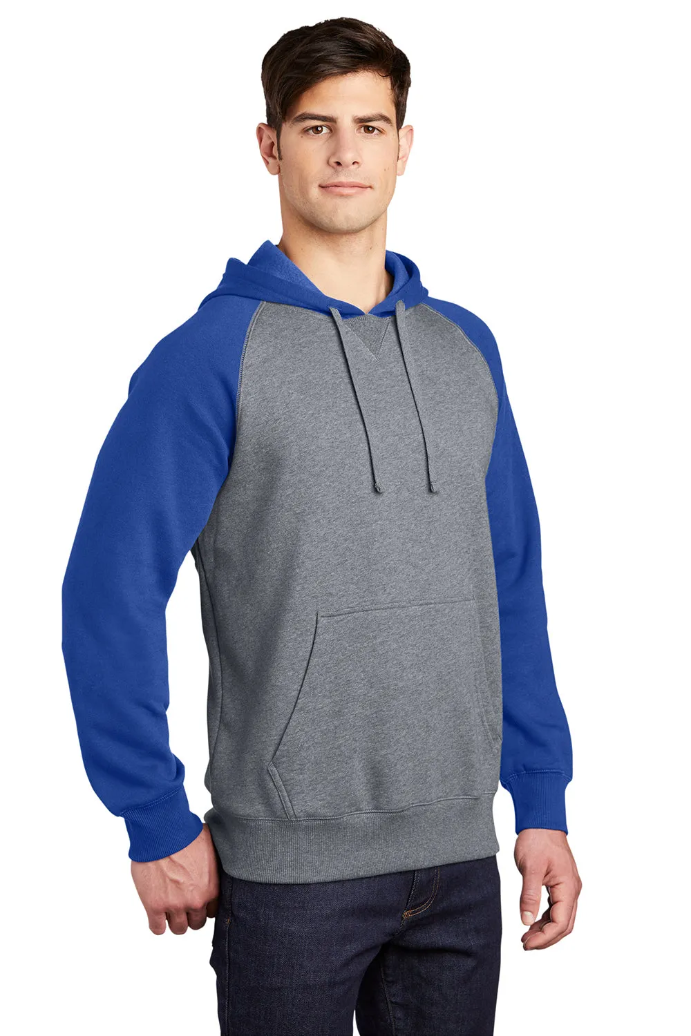 Sport-Tek Mens Shrink Resistant Fleece Hooded Sweatshirt Hoodie w/ Pouch Pocket - Heather Vintage Grey/True Royal Blue