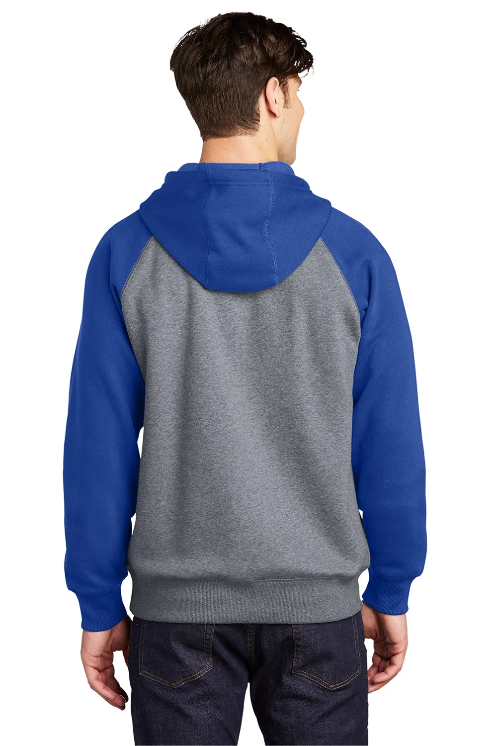 Sport-Tek Mens Shrink Resistant Fleece Hooded Sweatshirt Hoodie w/ Pouch Pocket - Heather Vintage Grey/True Royal Blue