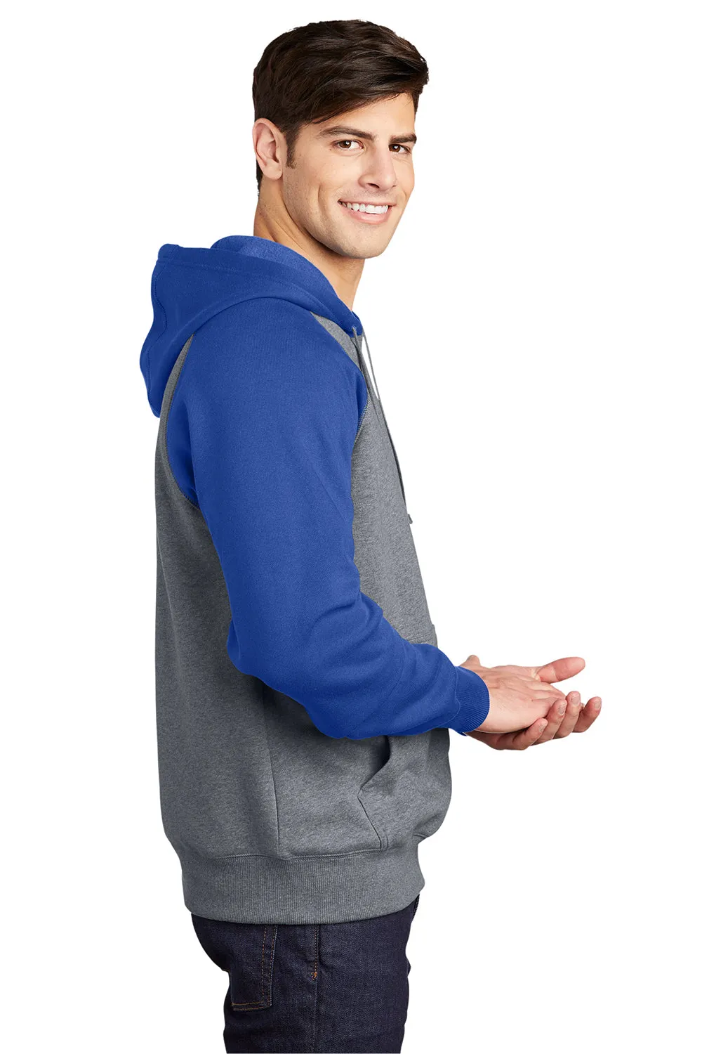 Sport-Tek Mens Shrink Resistant Fleece Hooded Sweatshirt Hoodie w/ Pouch Pocket - Heather Vintage Grey/True Royal Blue