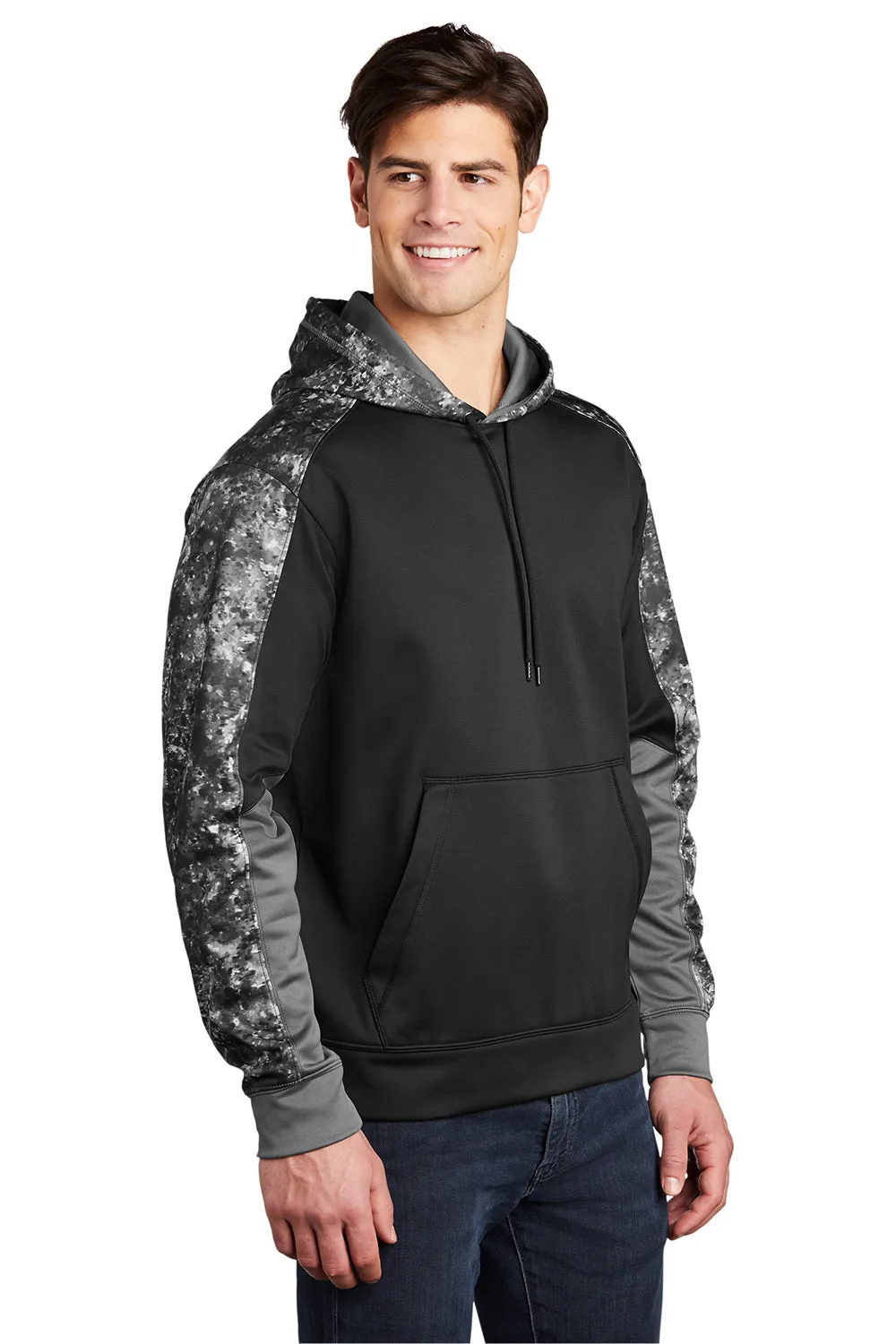 Sport-Tek Mens Sport-Wick Mineral Freeze Moisture Wicking Fleece Hooded Sweatshirt Hoodie w/ Pouch Pocket - Black