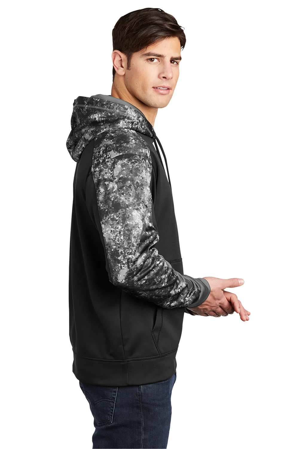 Sport-Tek Mens Sport-Wick Mineral Freeze Moisture Wicking Fleece Hooded Sweatshirt Hoodie w/ Pouch Pocket - Black