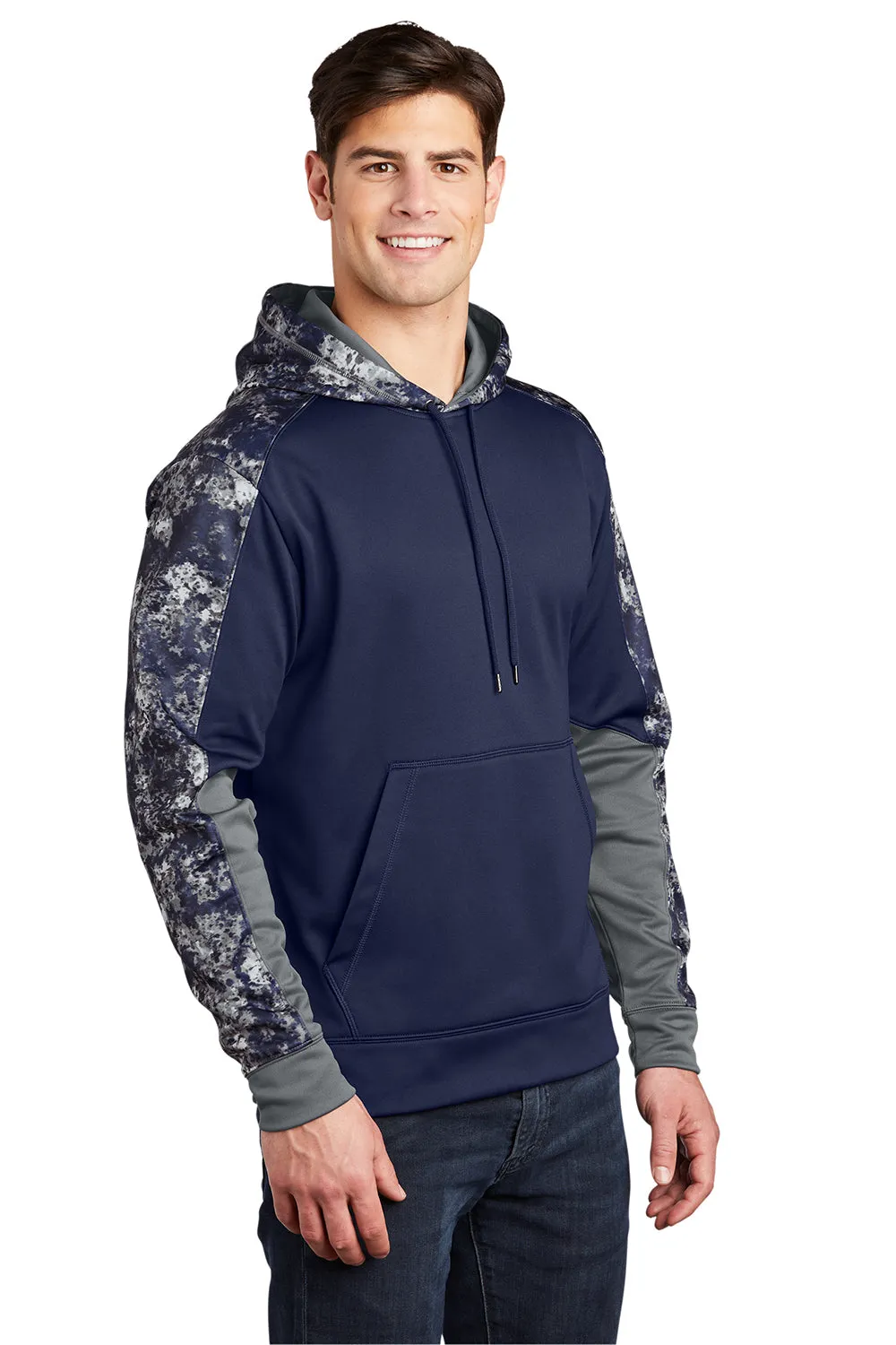 Sport-Tek Mens Sport-Wick Mineral Freeze Moisture Wicking Fleece Hooded Sweatshirt Hoodie w/ Pouch Pocket - True Navy Blue