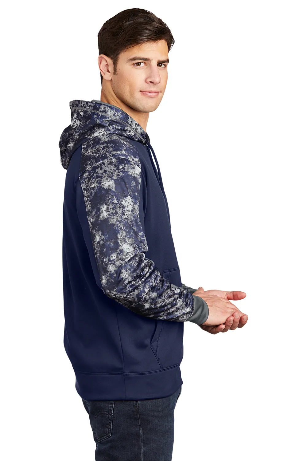 Sport-Tek Mens Sport-Wick Mineral Freeze Moisture Wicking Fleece Hooded Sweatshirt Hoodie w/ Pouch Pocket - True Navy Blue