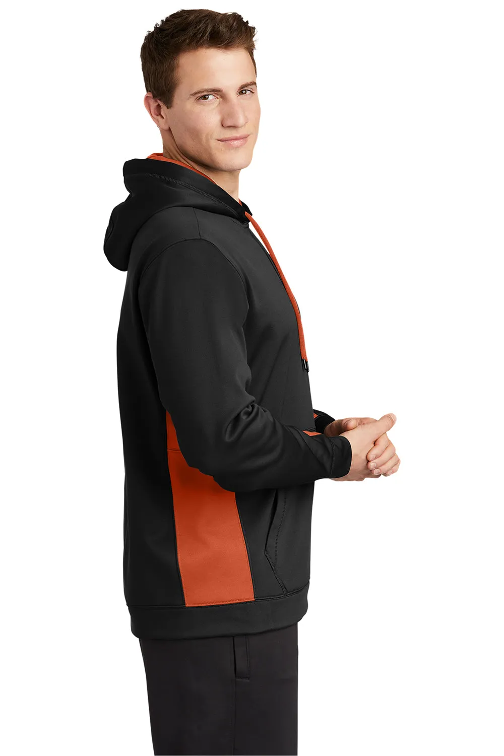 Sport-Tek Mens Sport-Wick Moisture Wicking Fleece Hooded Sweatshirt Hoodie w/ Pouch Pocket - Black/Deep Orange