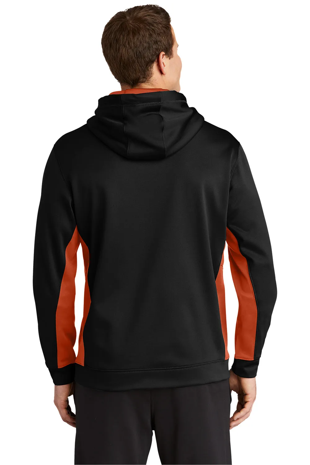 Sport-Tek Mens Sport-Wick Moisture Wicking Fleece Hooded Sweatshirt Hoodie w/ Pouch Pocket - Black/Deep Orange