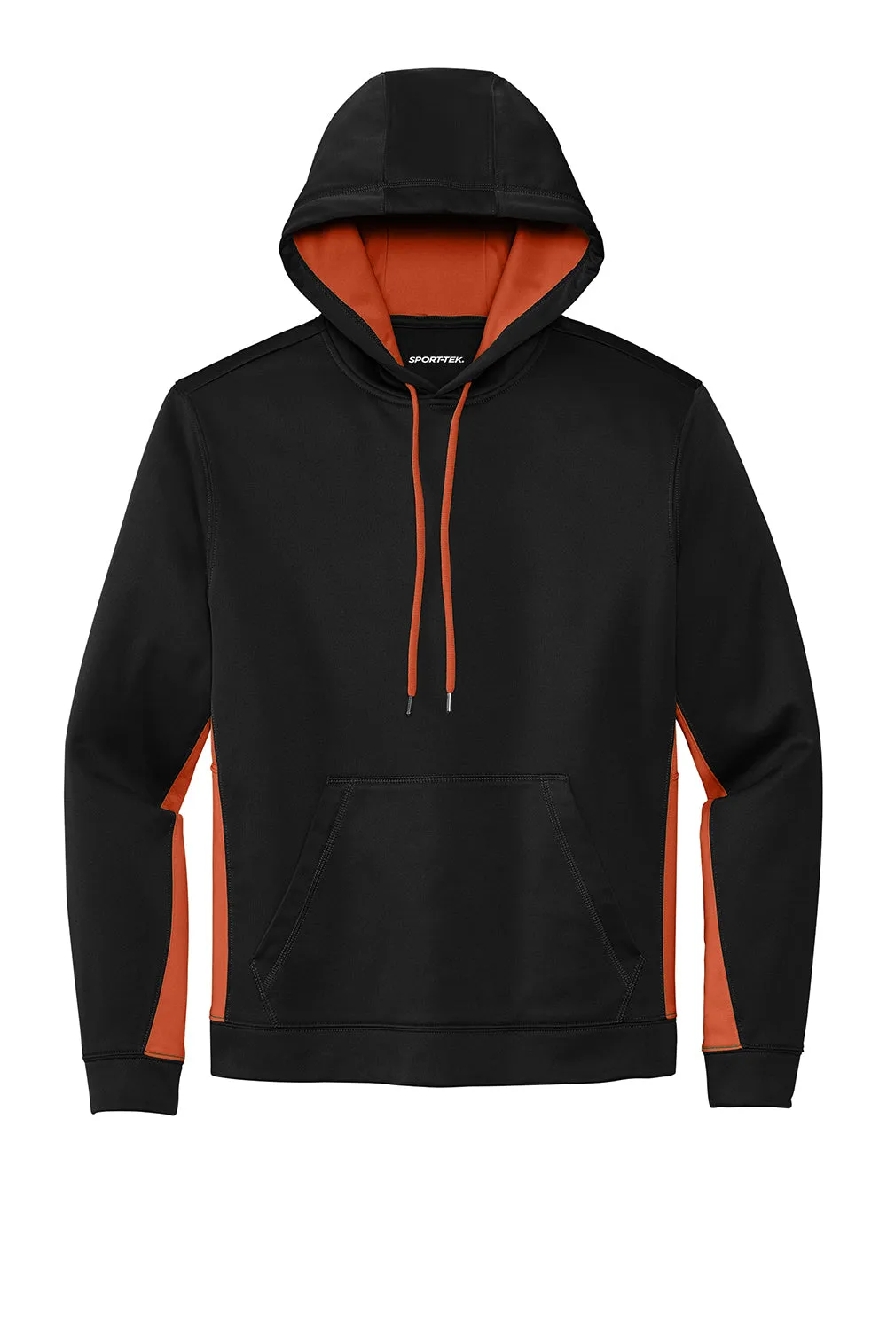 Sport-Tek Mens Sport-Wick Moisture Wicking Fleece Hooded Sweatshirt Hoodie w/ Pouch Pocket - Black/Deep Orange