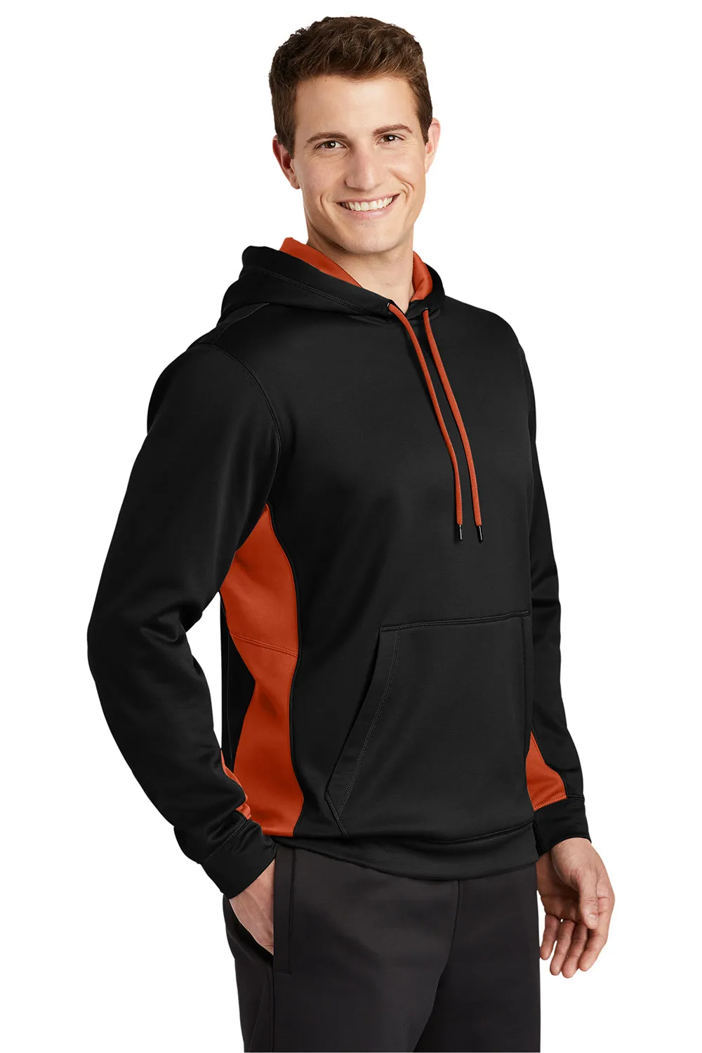 Sport-Tek Mens Sport-Wick Moisture Wicking Fleece Hooded Sweatshirt Hoodie w/ Pouch Pocket - Black/Deep Orange