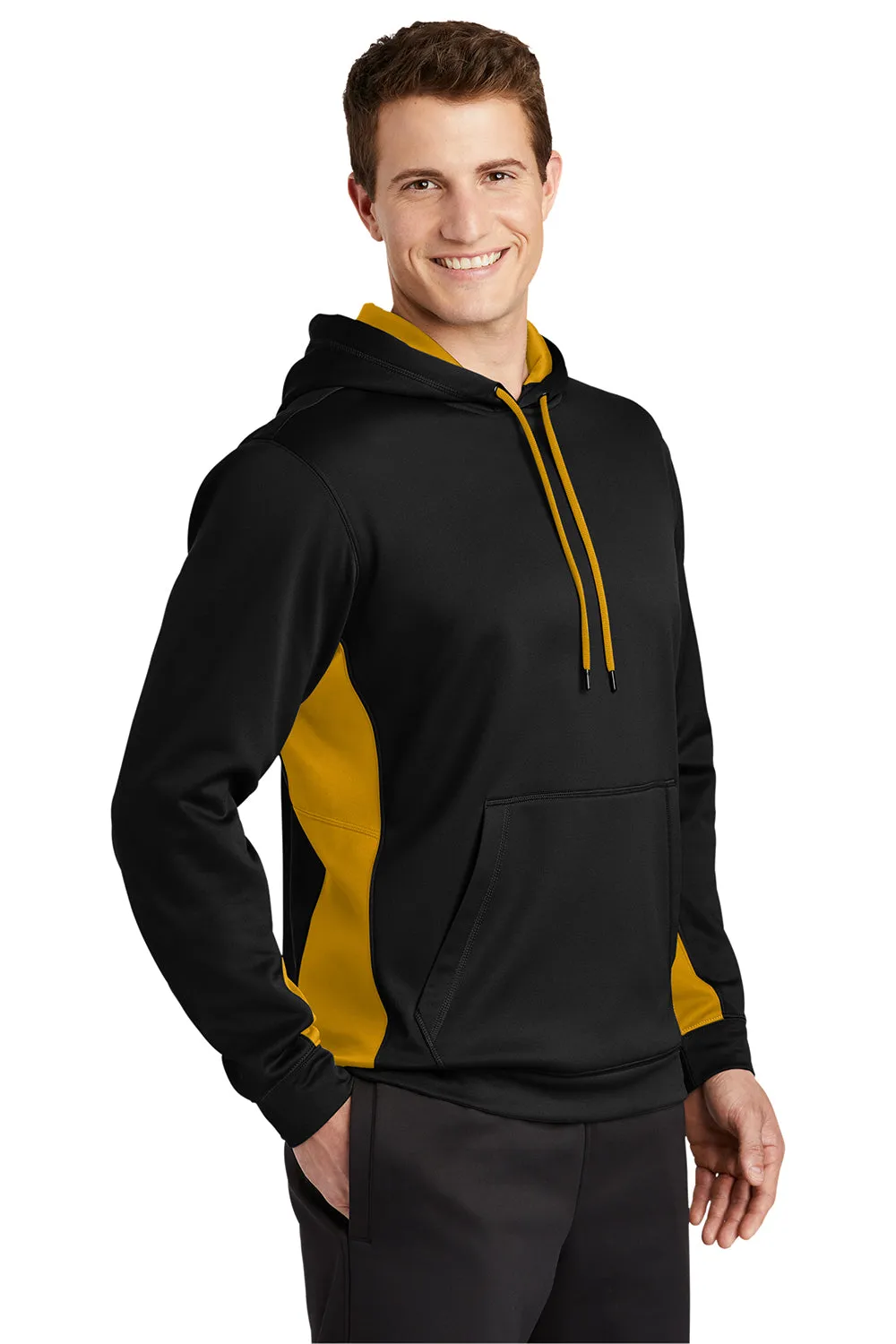 Sport-Tek Mens Sport-Wick Moisture Wicking Fleece Hooded Sweatshirt Hoodie w/ Pouch Pocket - Black/Gold