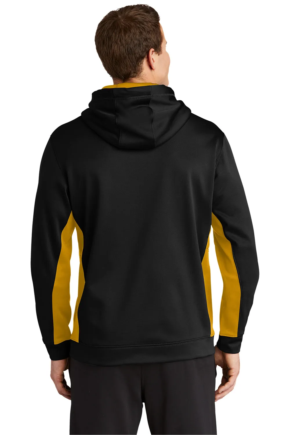 Sport-Tek Mens Sport-Wick Moisture Wicking Fleece Hooded Sweatshirt Hoodie w/ Pouch Pocket - Black/Gold