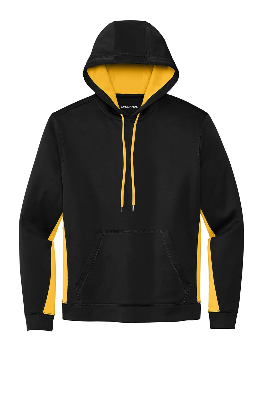 Sport-Tek Mens Sport-Wick Moisture Wicking Fleece Hooded Sweatshirt Hoodie w/ Pouch Pocket - Black/Gold