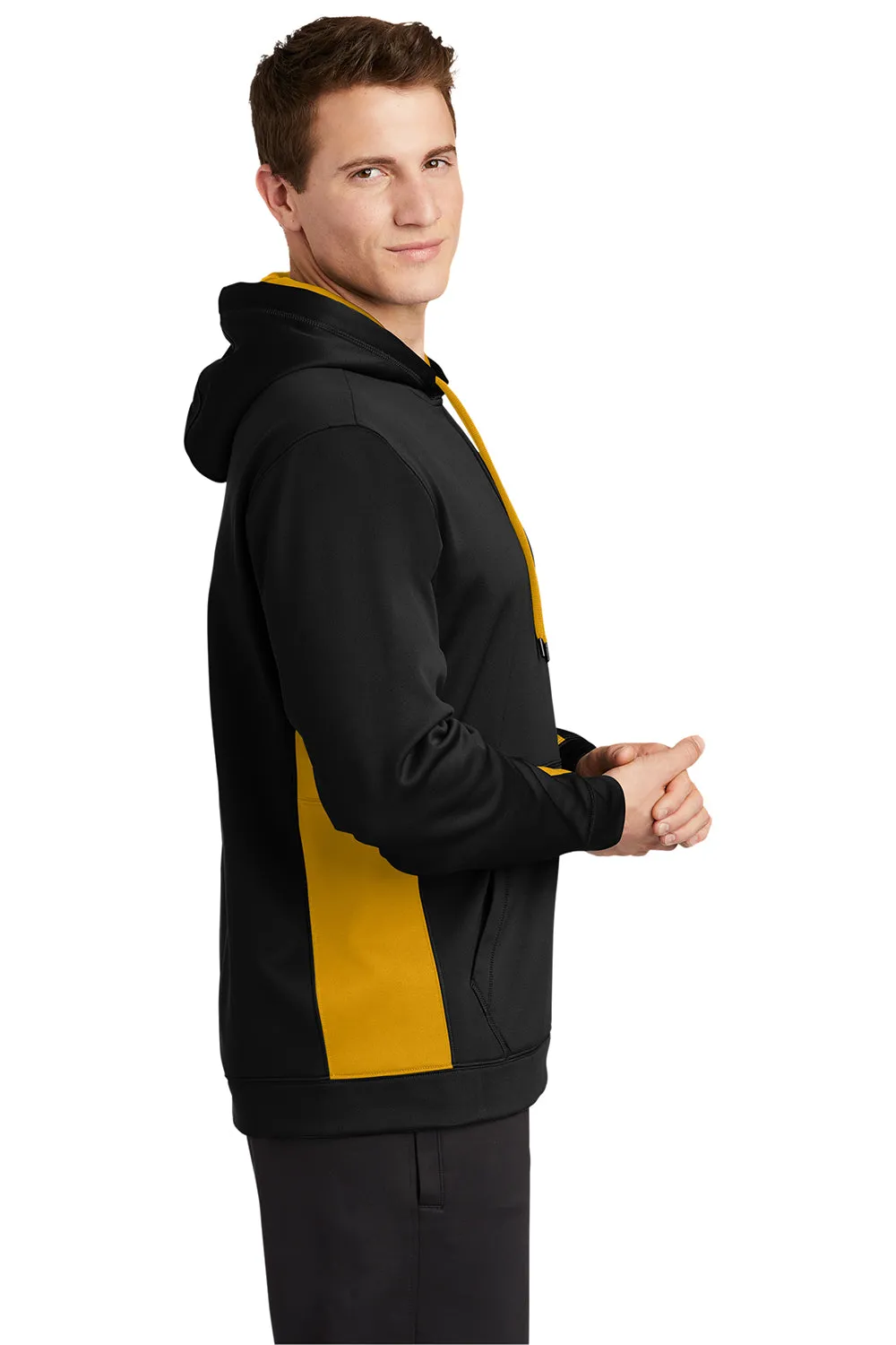 Sport-Tek Mens Sport-Wick Moisture Wicking Fleece Hooded Sweatshirt Hoodie w/ Pouch Pocket - Black/Gold