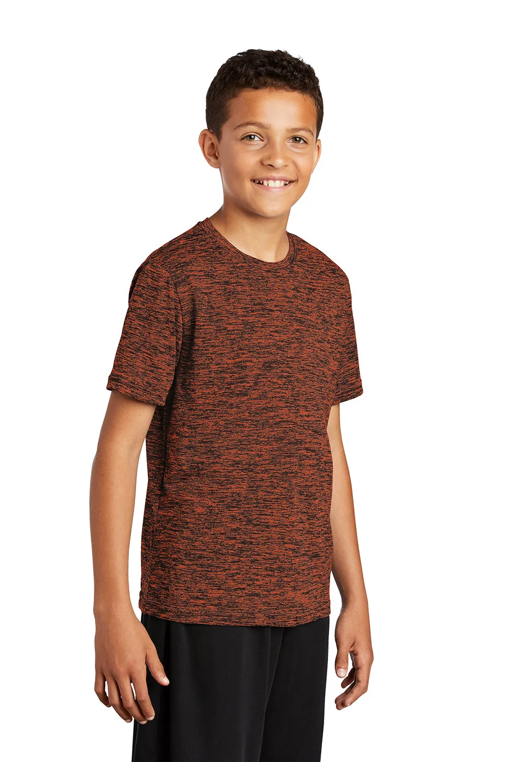 Sport-Tek Youth Electric Heather Moisture Wicking Short Sleeve Crewneck T-Shirt - Deep Orange Black Electric - Closeout