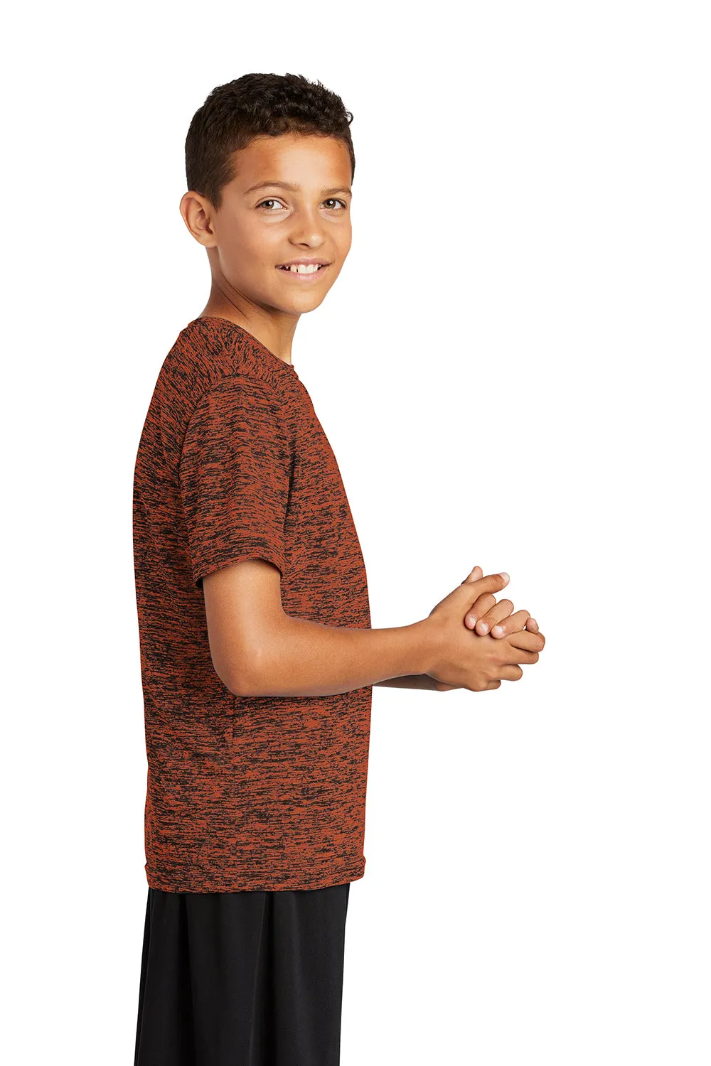 Sport-Tek Youth Electric Heather Moisture Wicking Short Sleeve Crewneck T-Shirt - Deep Orange Black Electric - Closeout