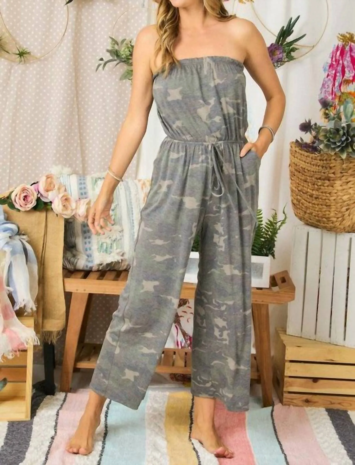 Strapless Tube Jumpsuit In Camouflage