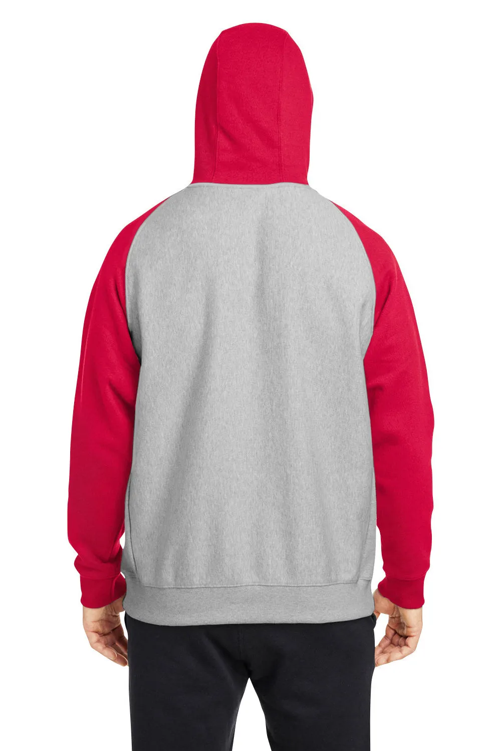Team 365 Mens Zone HydroSport Water Resistant Colorblock Hooded Sweatshirt Hoodie w/ Pouch Pocket - Heather Grey/Red