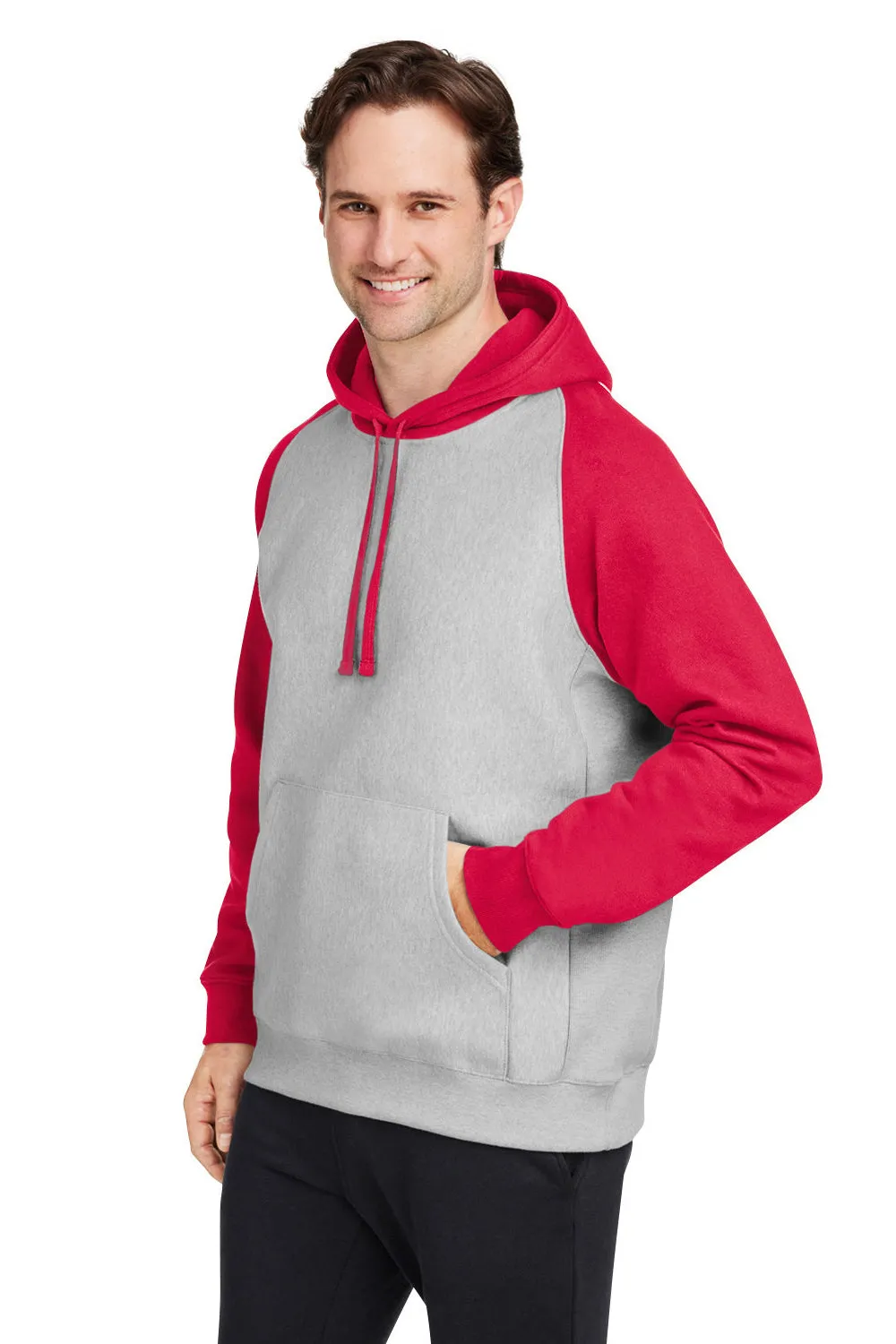 Team 365 Mens Zone HydroSport Water Resistant Colorblock Hooded Sweatshirt Hoodie w/ Pouch Pocket - Heather Grey/Red