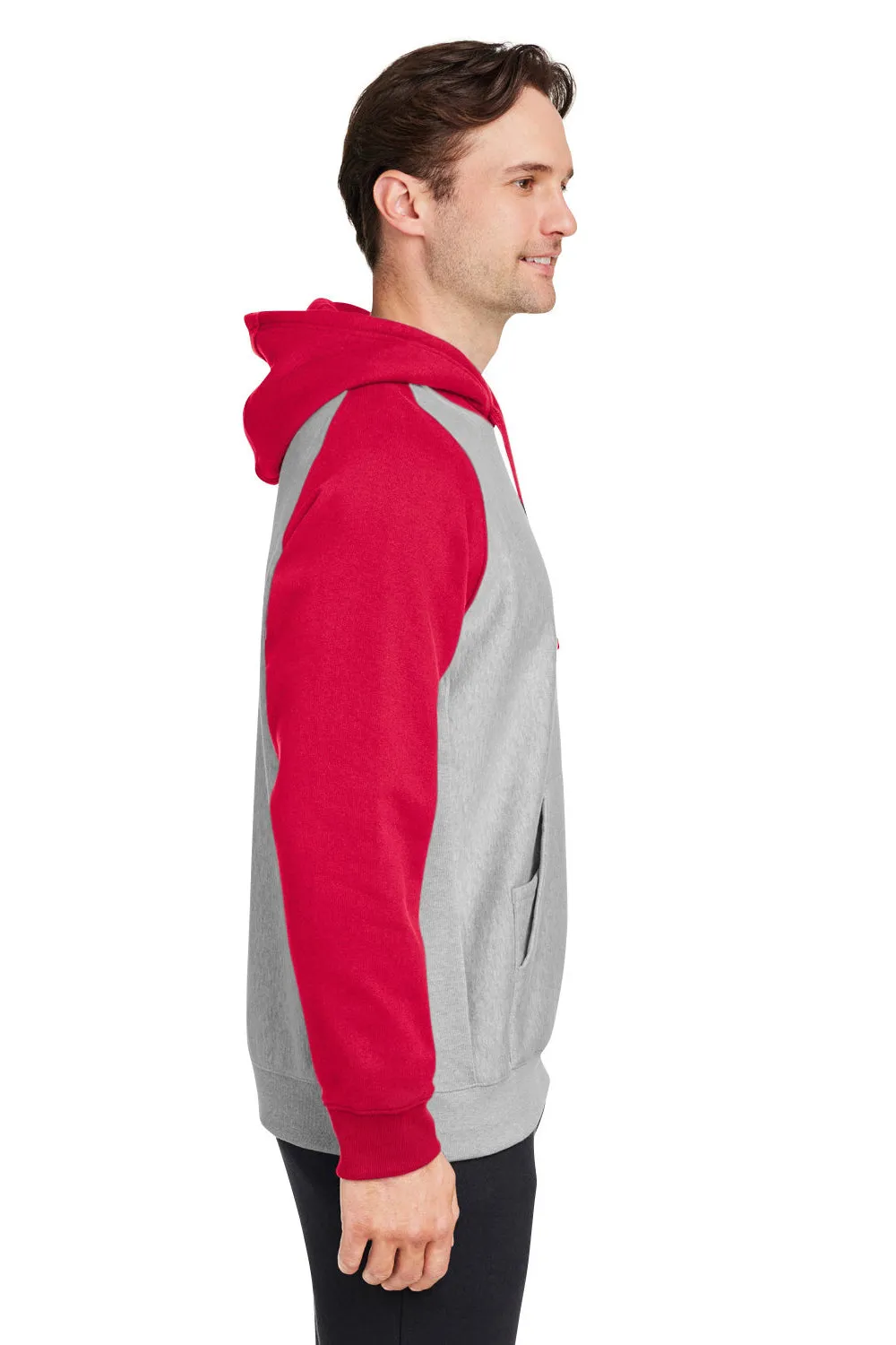 Team 365 Mens Zone HydroSport Water Resistant Colorblock Hooded Sweatshirt Hoodie w/ Pouch Pocket - Heather Grey/Red