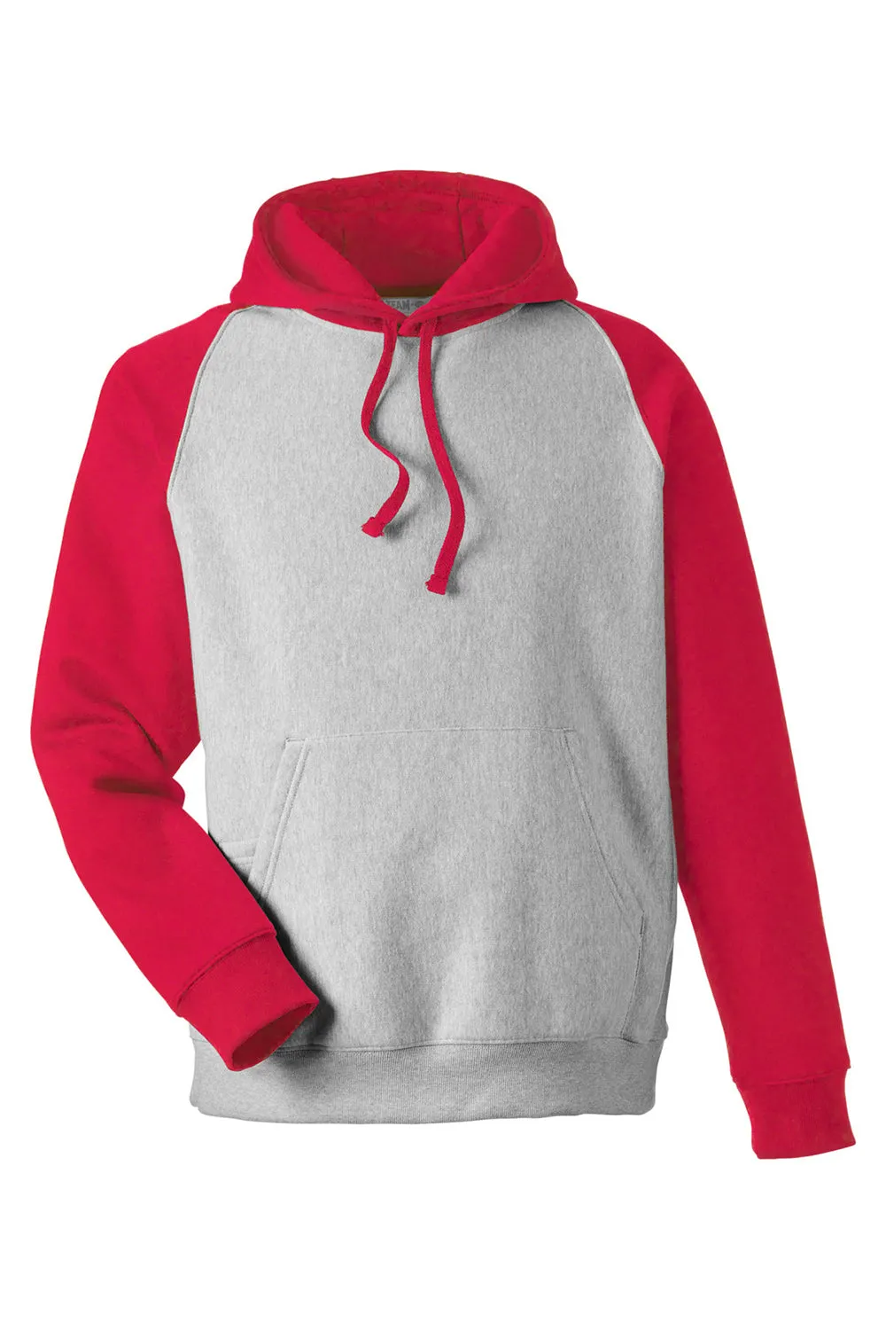 Team 365 Mens Zone HydroSport Water Resistant Colorblock Hooded Sweatshirt Hoodie w/ Pouch Pocket - Heather Grey/Red