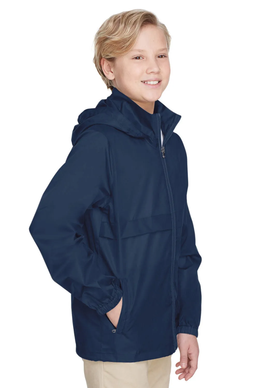Team 365 Youth Zone Protect Water Resistant Full Zip Hooded Jacket - Dark Navy Blue