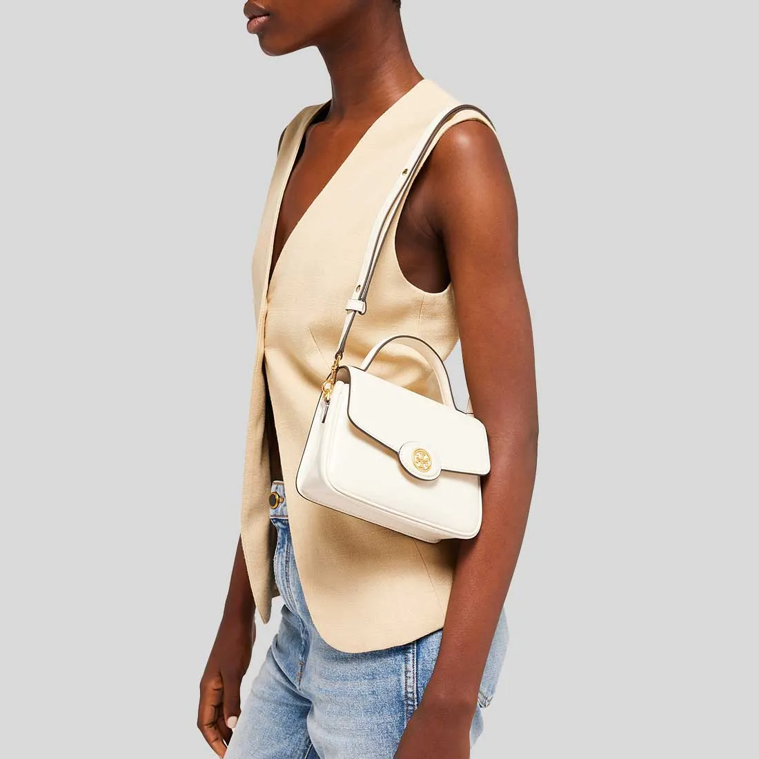 Tory Burch Bags TORY BURCH Small Robinson Spazzolato Top-Handle Bag Light Cream 153233